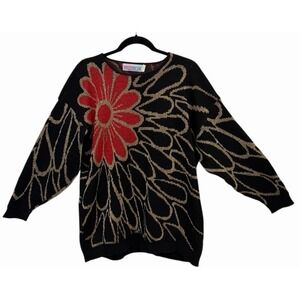 Vtg. 80s Floral Sweater Womens XL Oversized Red Gold Metallic Art To Wear Glam